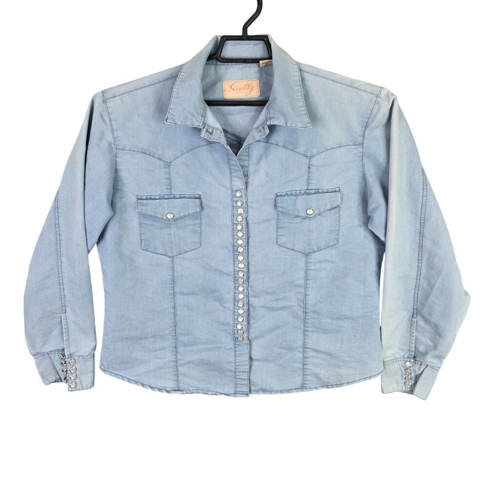 Womens Scully Blue Western Style Denim Shirt Snap Buttons Cotton Long Sleeve XL